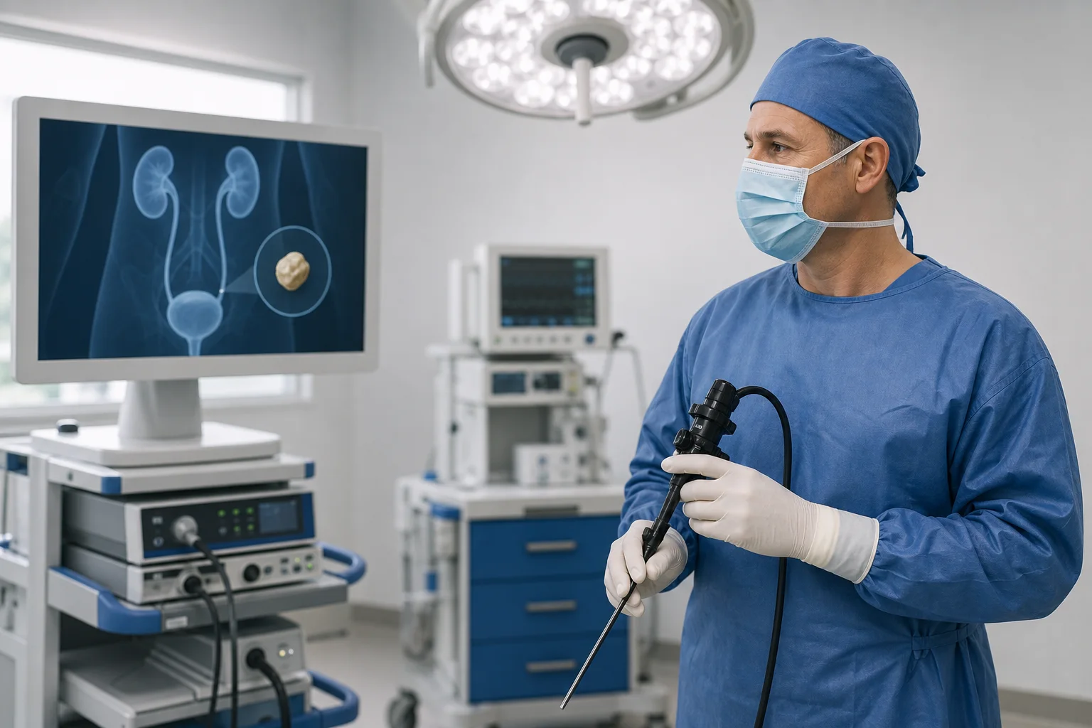 Urologista com equipamento endoscópico diante de monitor com imagem ilustrativa do trato urinário