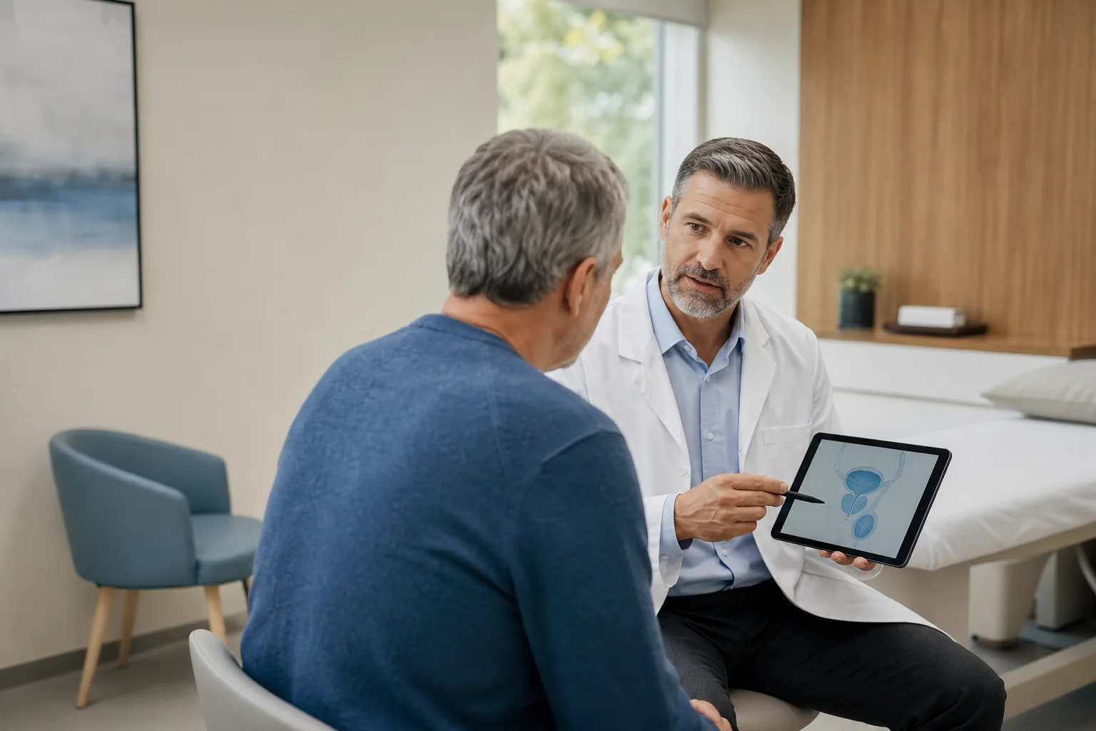 Paciente conversando com urologista sobre saúde da próstata durante consulta